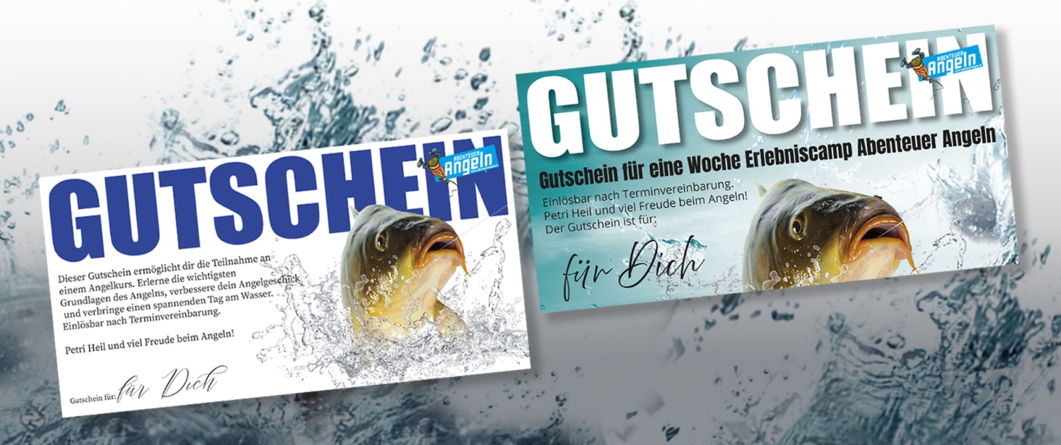 Zwei Gutscheine mit dem Titel 'GUTSCHEIN' und einem Bild eines aus dem Wasser springenden Fisches